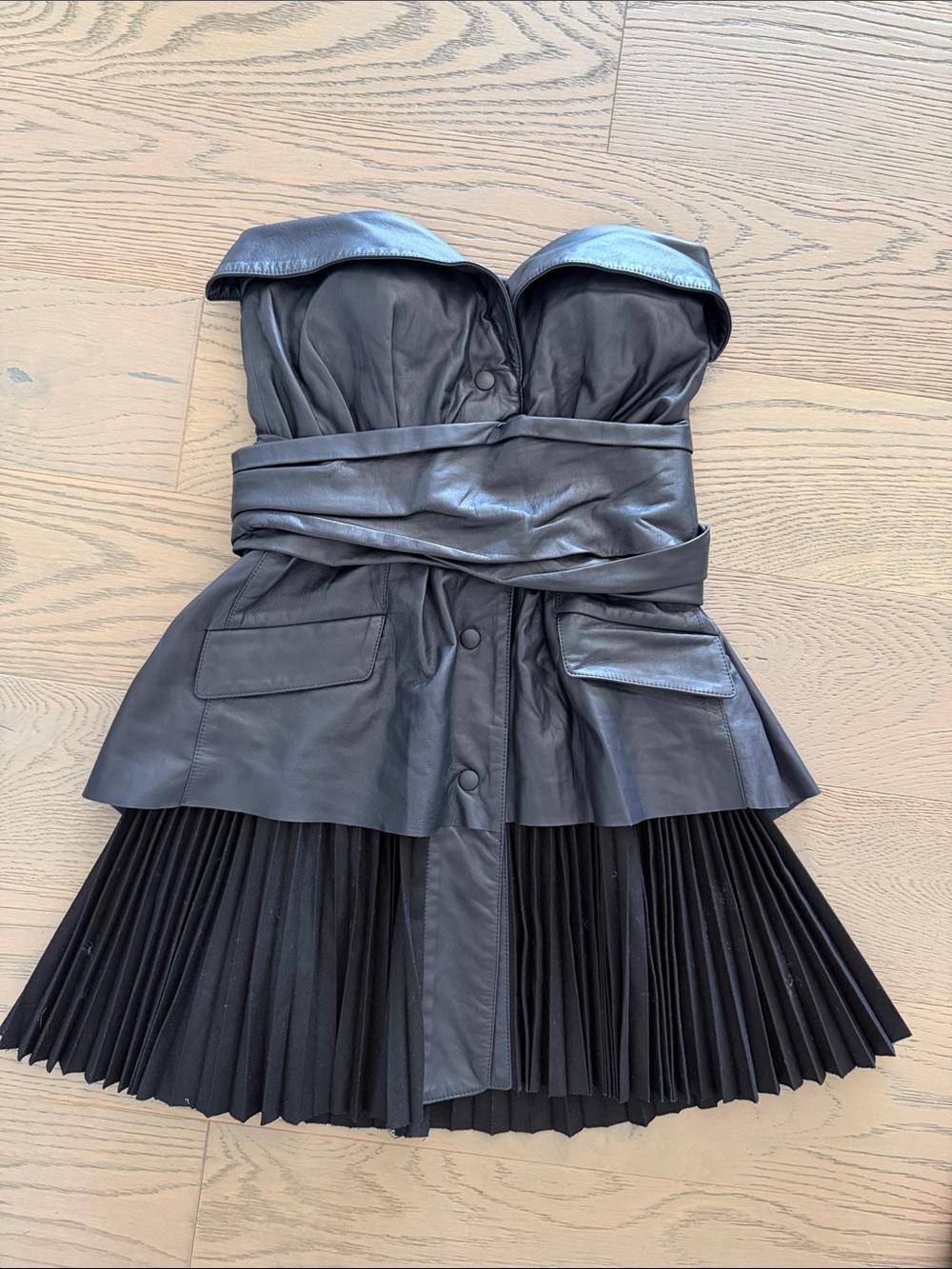 Proenza Schouler Black Strapless Leather & Pleated Dress As Is